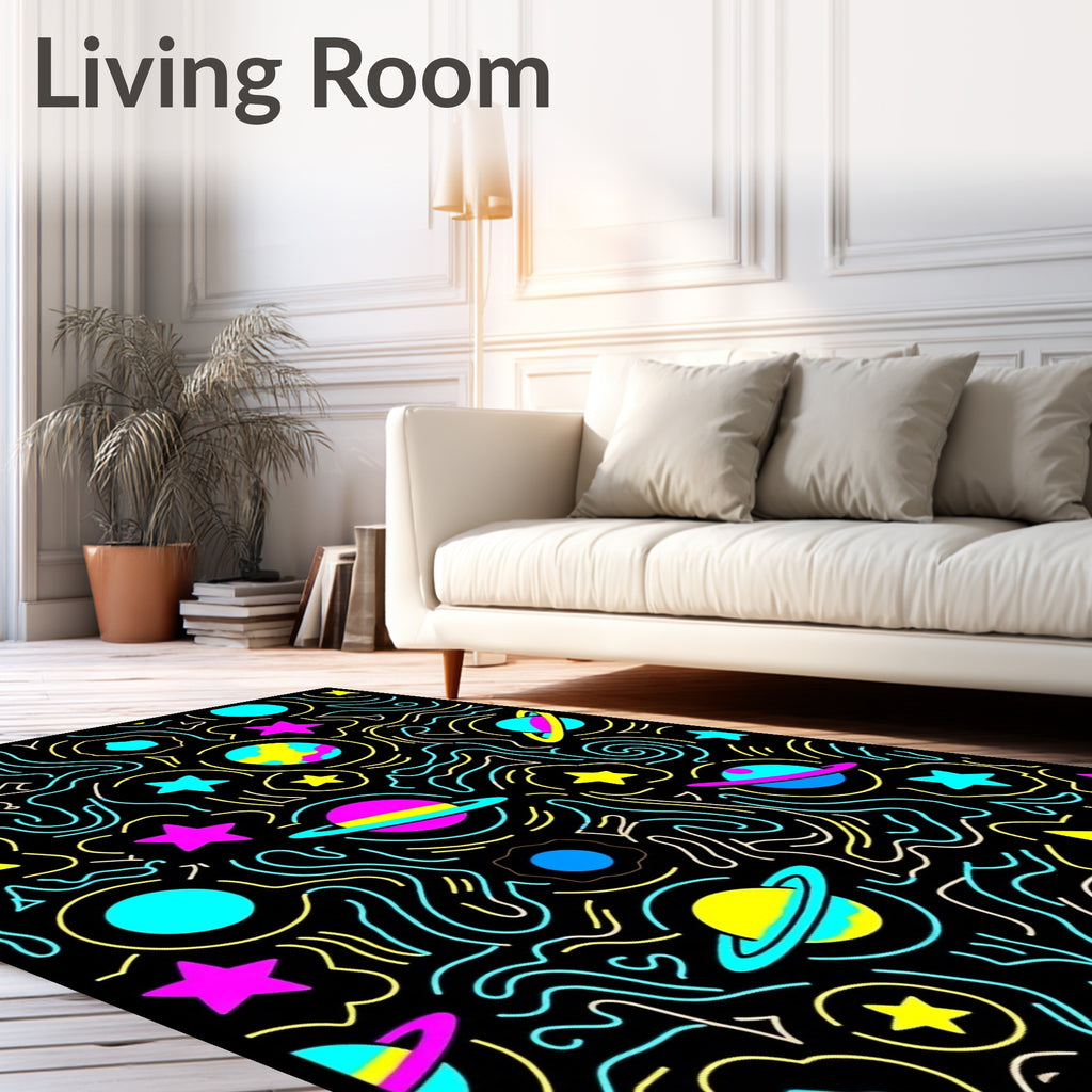 Cosmic Planets Stars Yellow Blue Pink Waves Rug