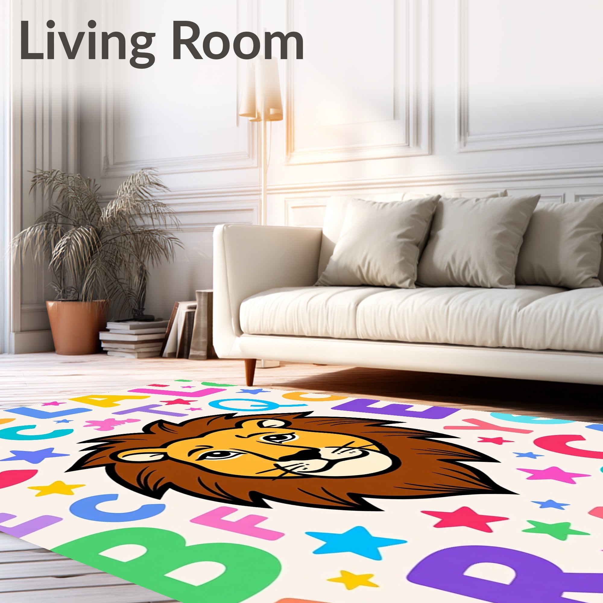 Cute Lion Alphabet Whimsical Stars Rug