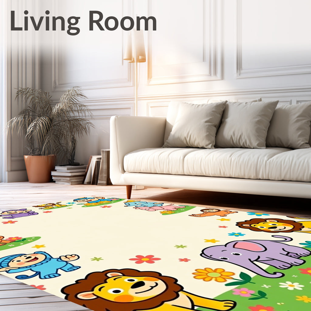 Playful Animals and Flowers Border Rug