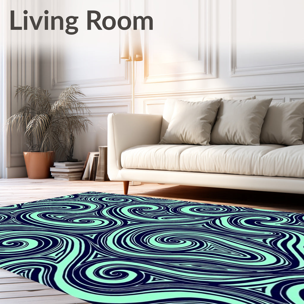 Navy Teal Swirl Abstract Line Art Rug