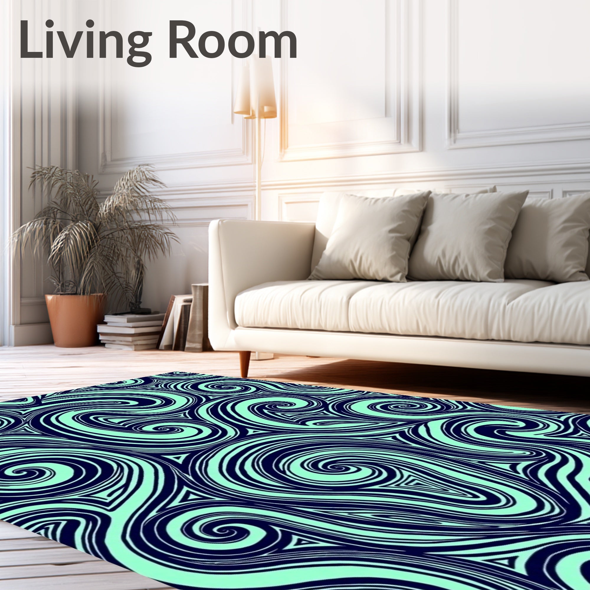 Navy Teal Swirl Abstract Line Art Rug