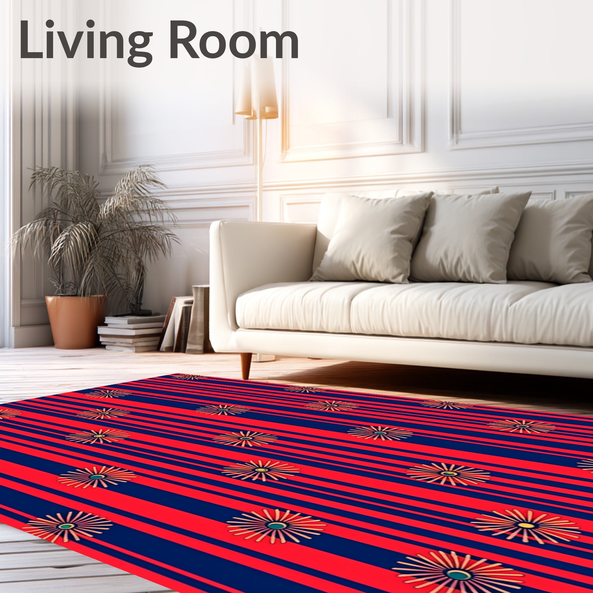 Red Navy Stripe Floral Burst Rug