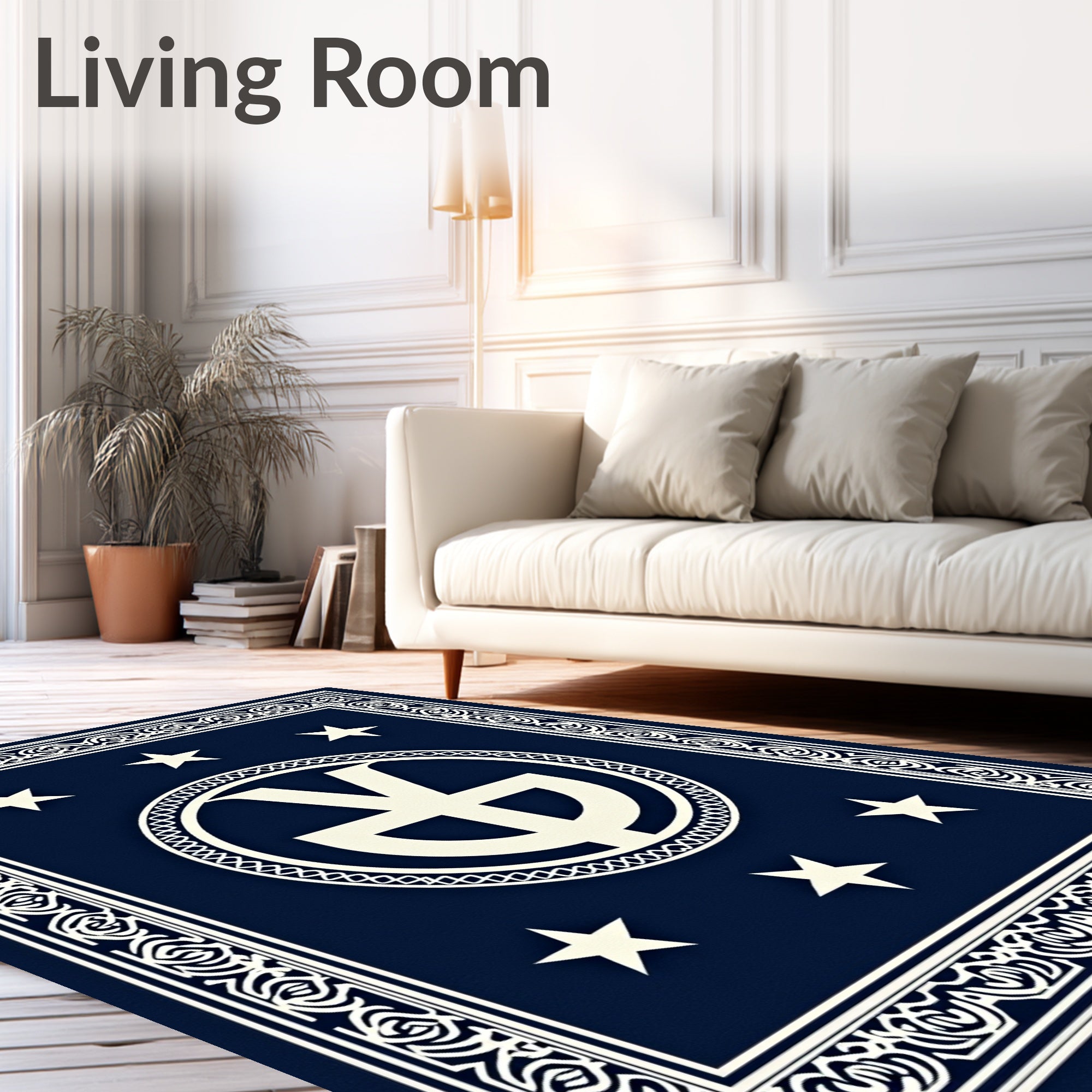 Deep Blue White Star Emblem Border Rug