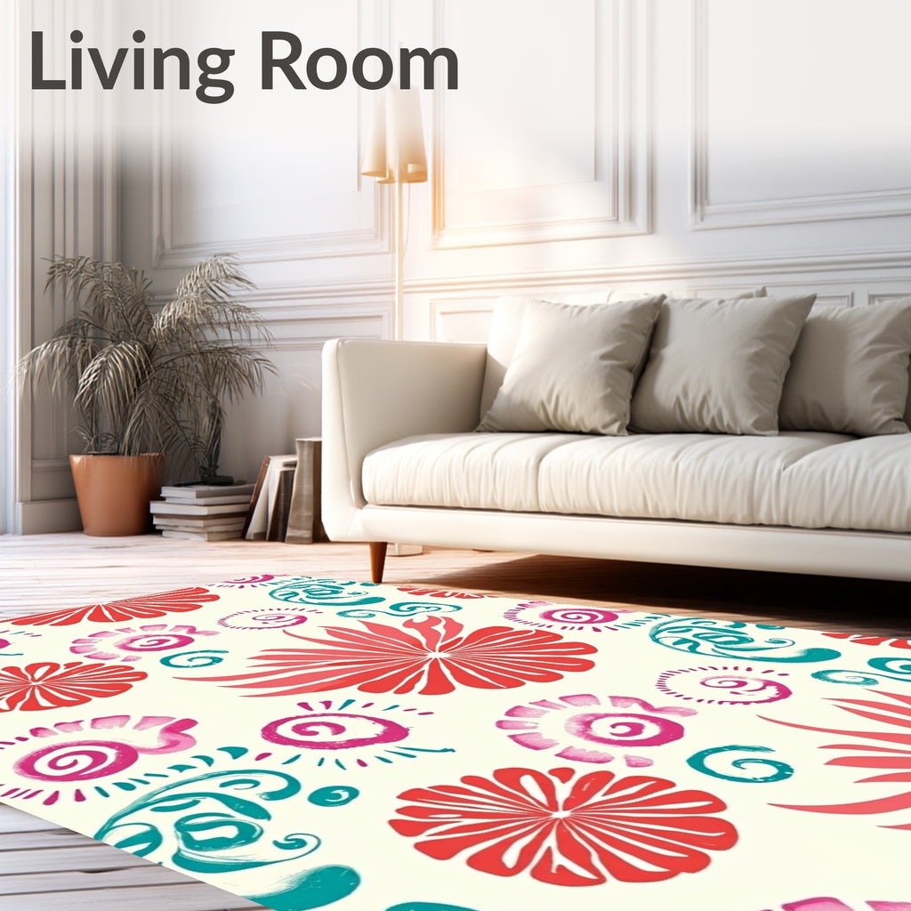 Bright Coral Teal Floral Swirls Rug