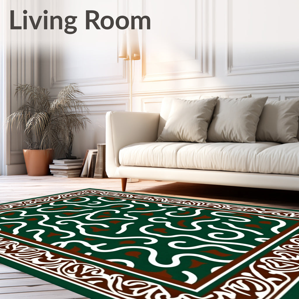 Deep Green Abstract Swirl Border Rug
