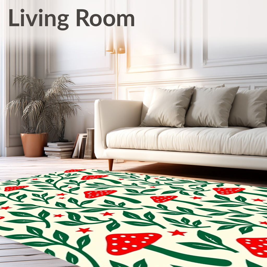 Red Mushroom Green Foliage Stars Rug