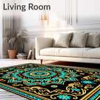 Turquoise Gold Black Mandala Floral Rug