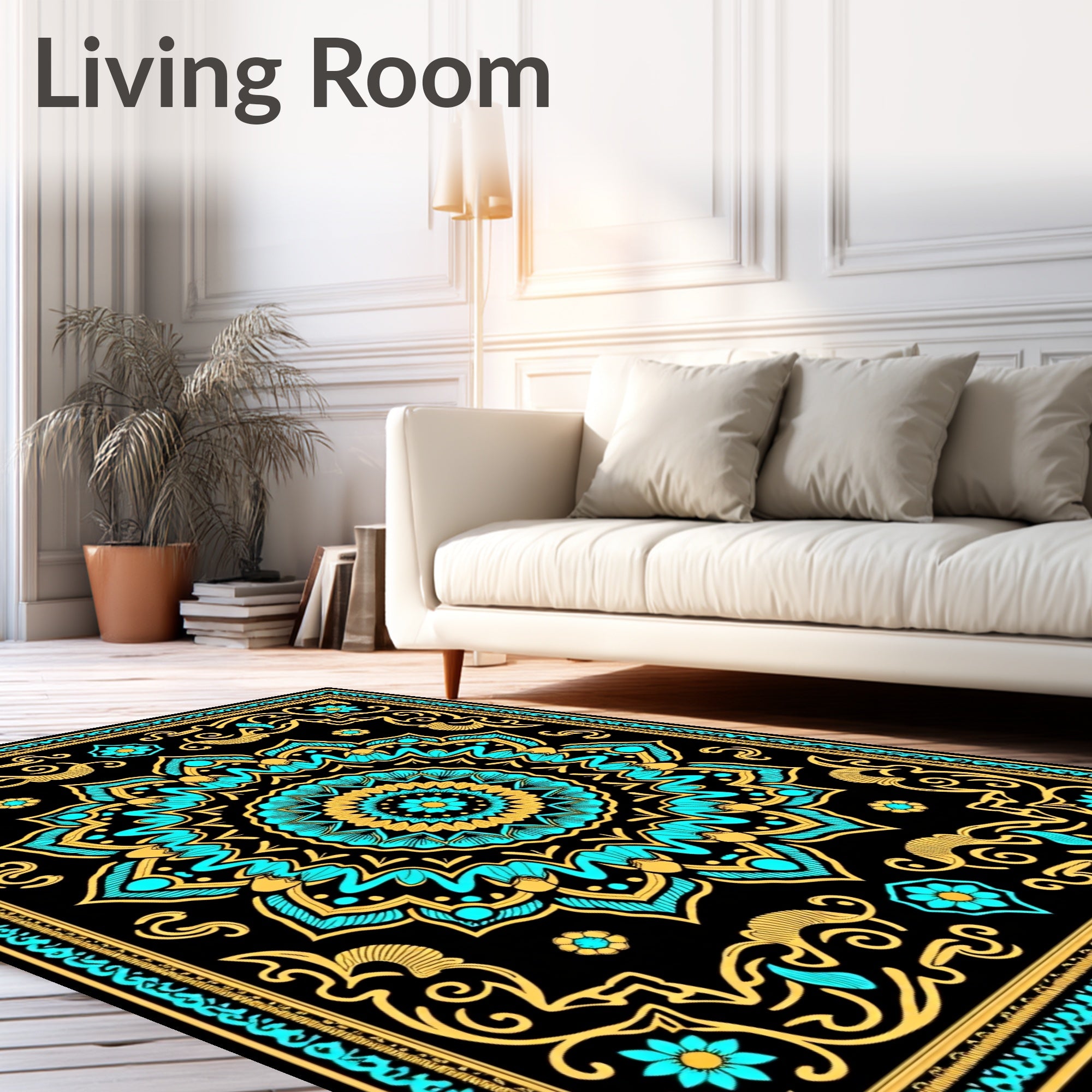 Turquoise Gold Black Mandala Floral Rug