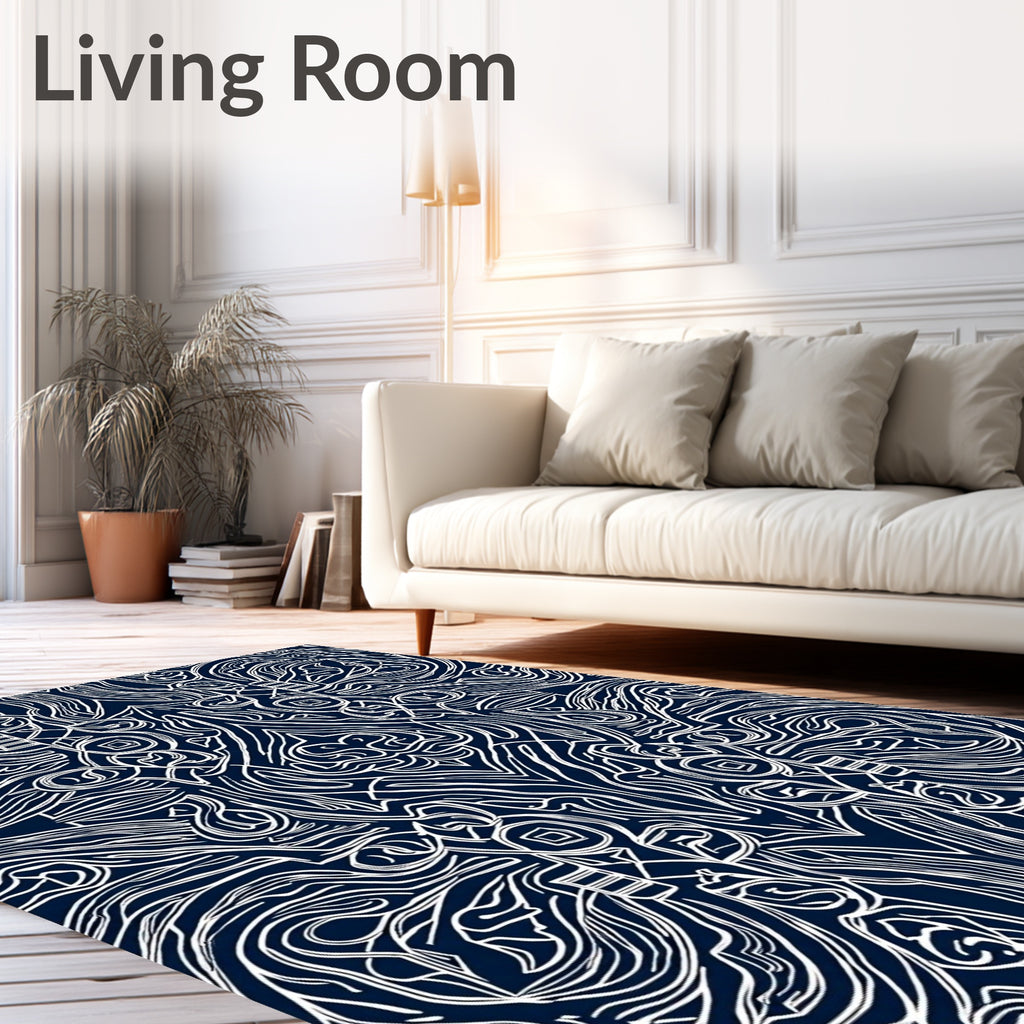 Navy White Organic Swirl Kaleidoscope Rug