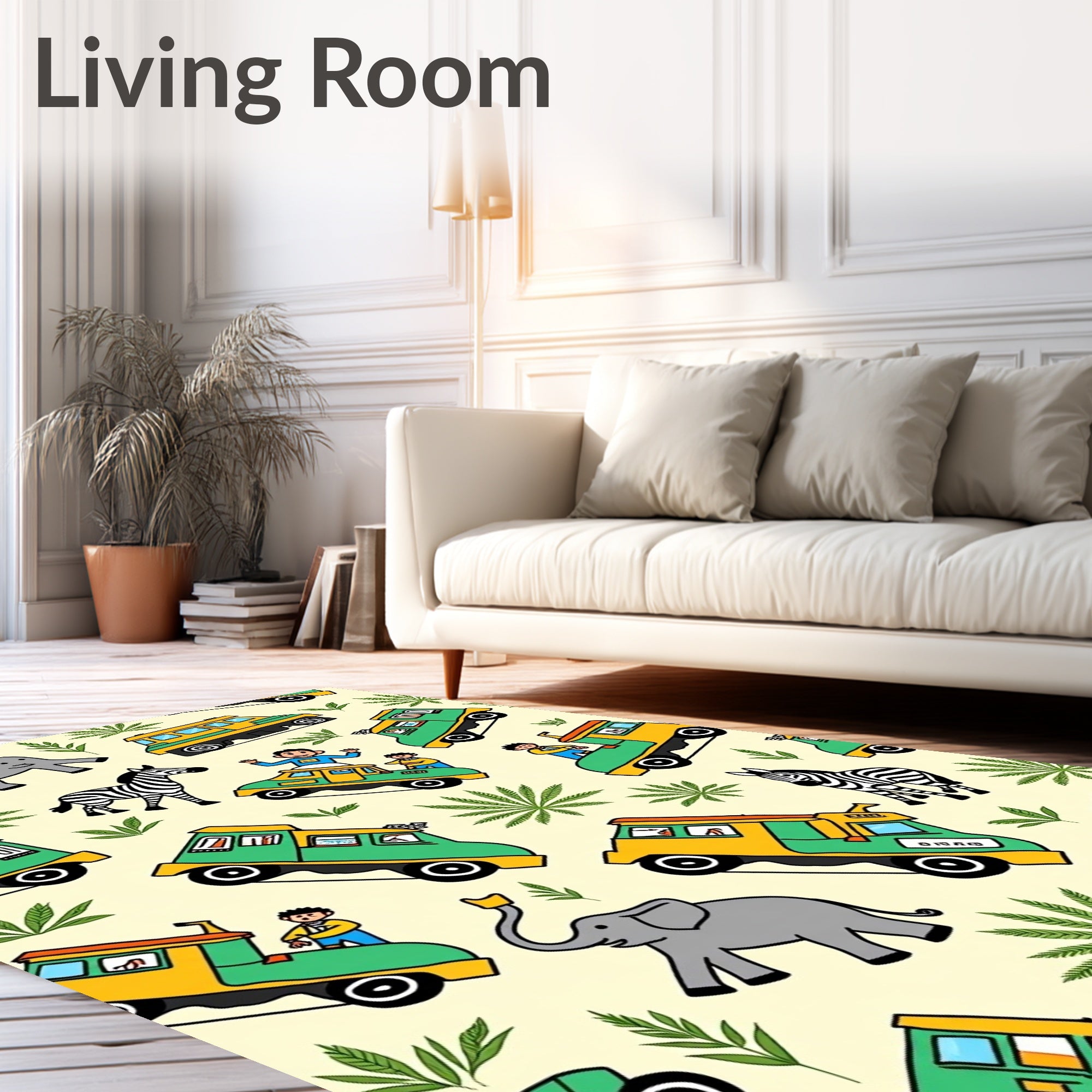 Whimsical Jungle Safari Adventure Vehicles Rug