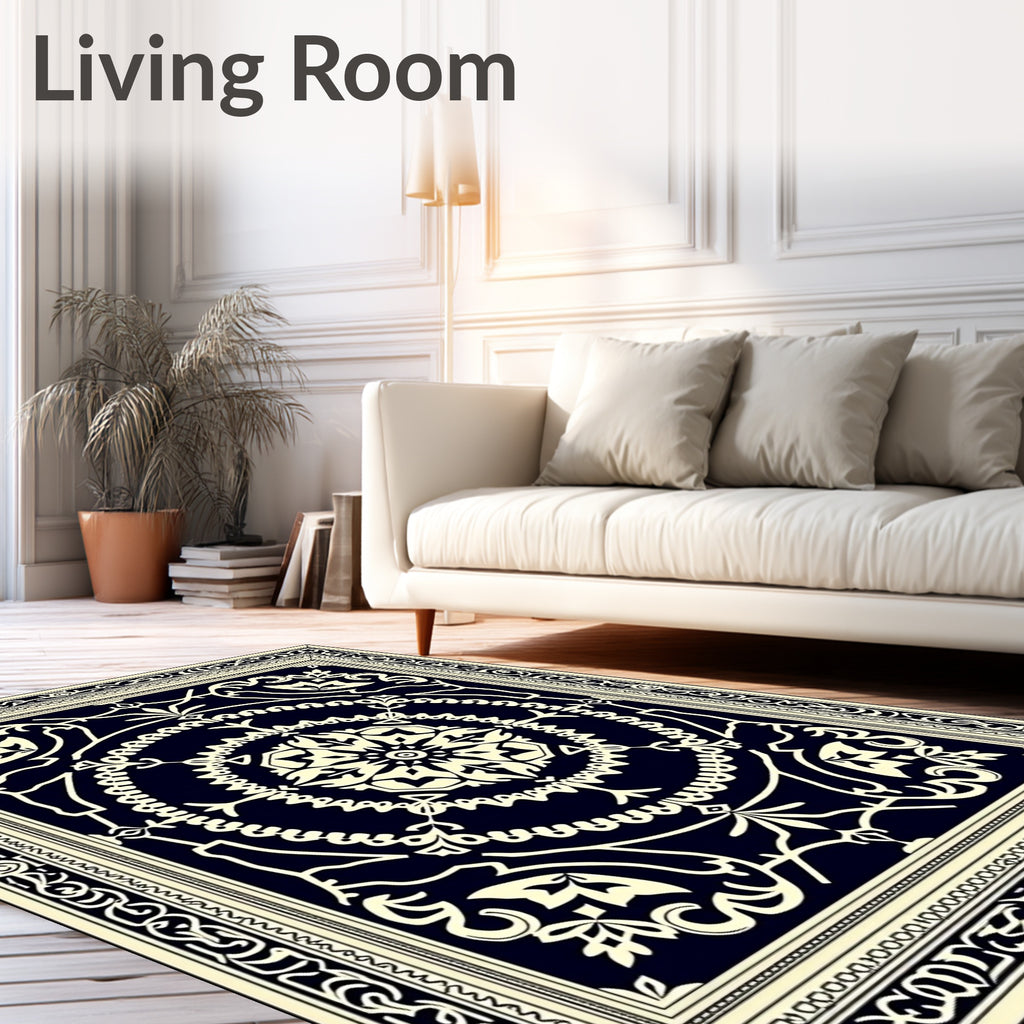 Classic Ivory Medallion Black Rug