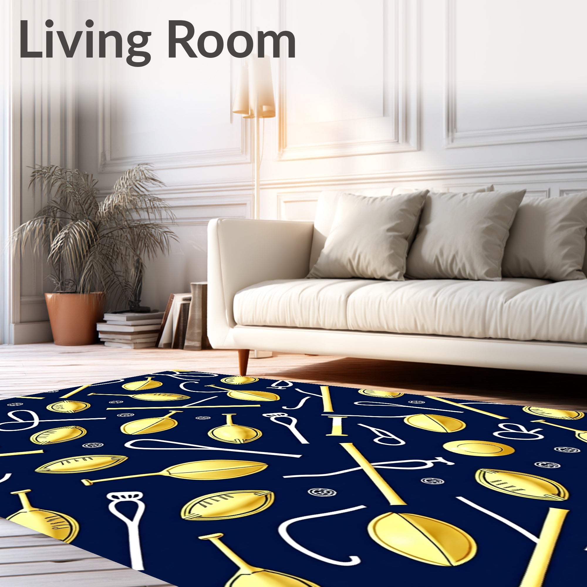 Golden Oval Shapes on Navy Background Rug