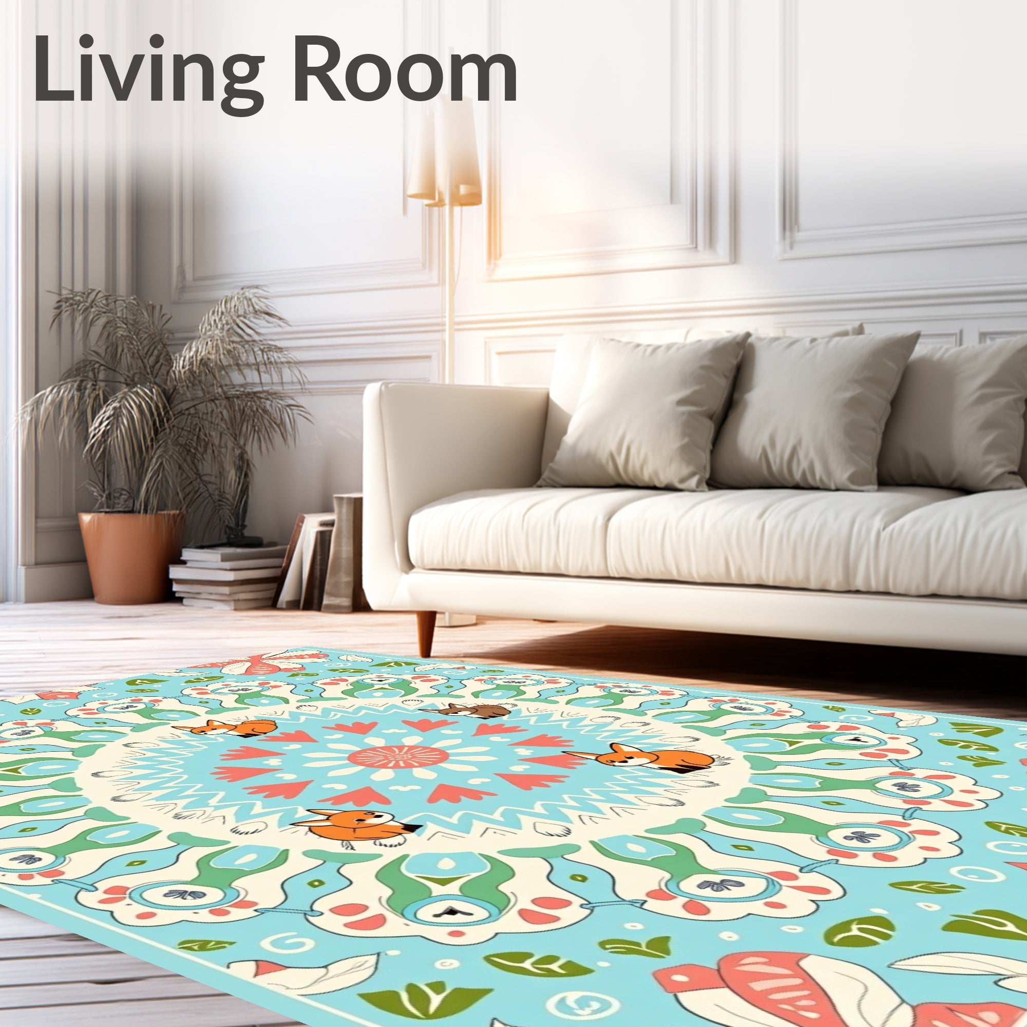 Whimsical Fox Mandala Coral Blue Rug
