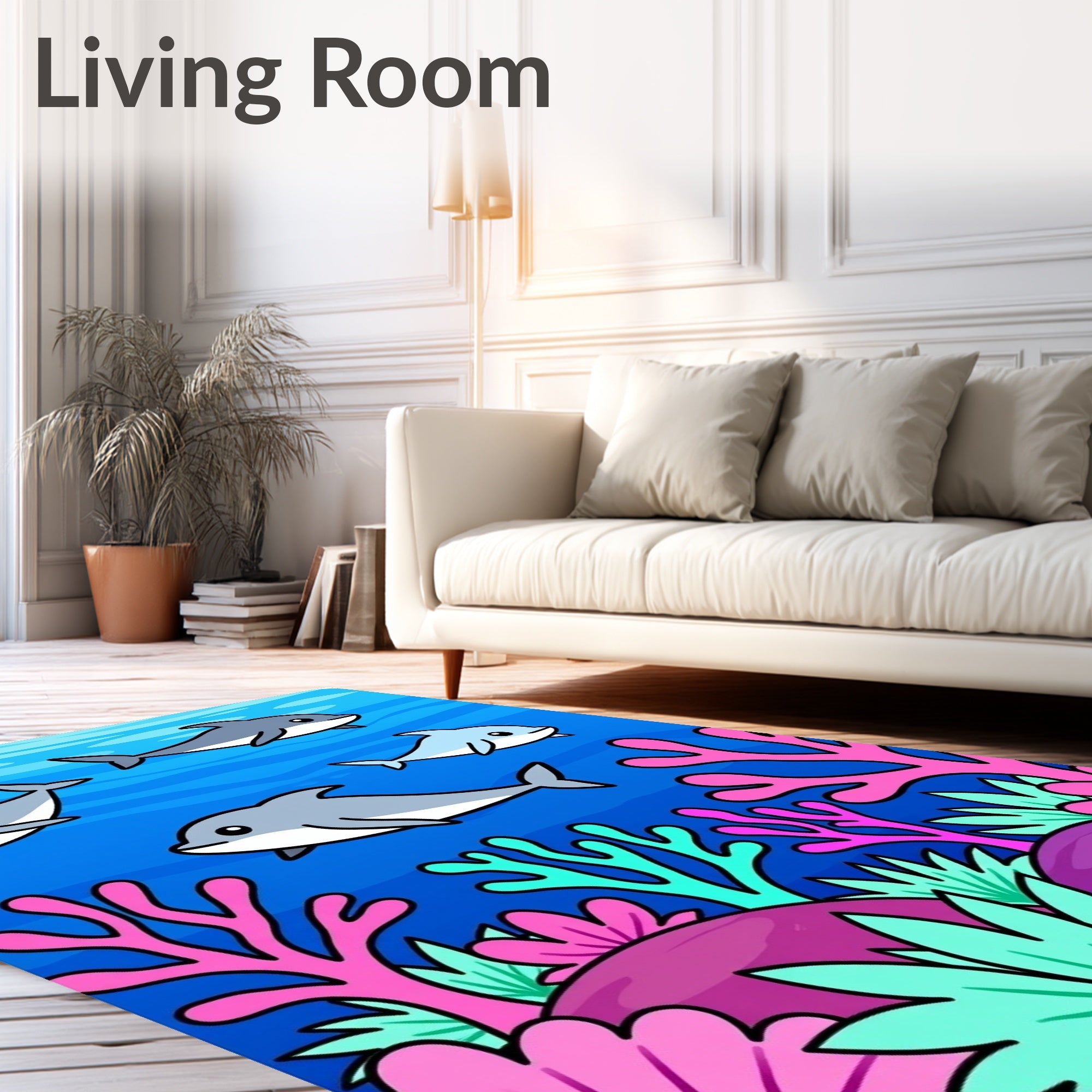 Playful Dolphins Coral Reef Ocean Scene Rug