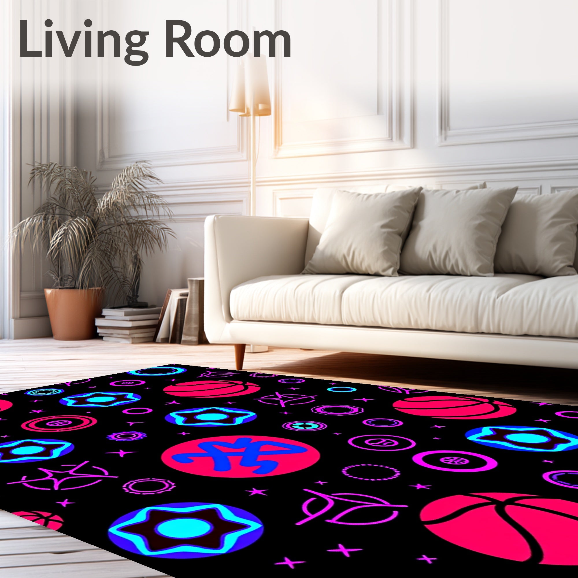 Vibrant Neon Circles Basketballs Stars Rug