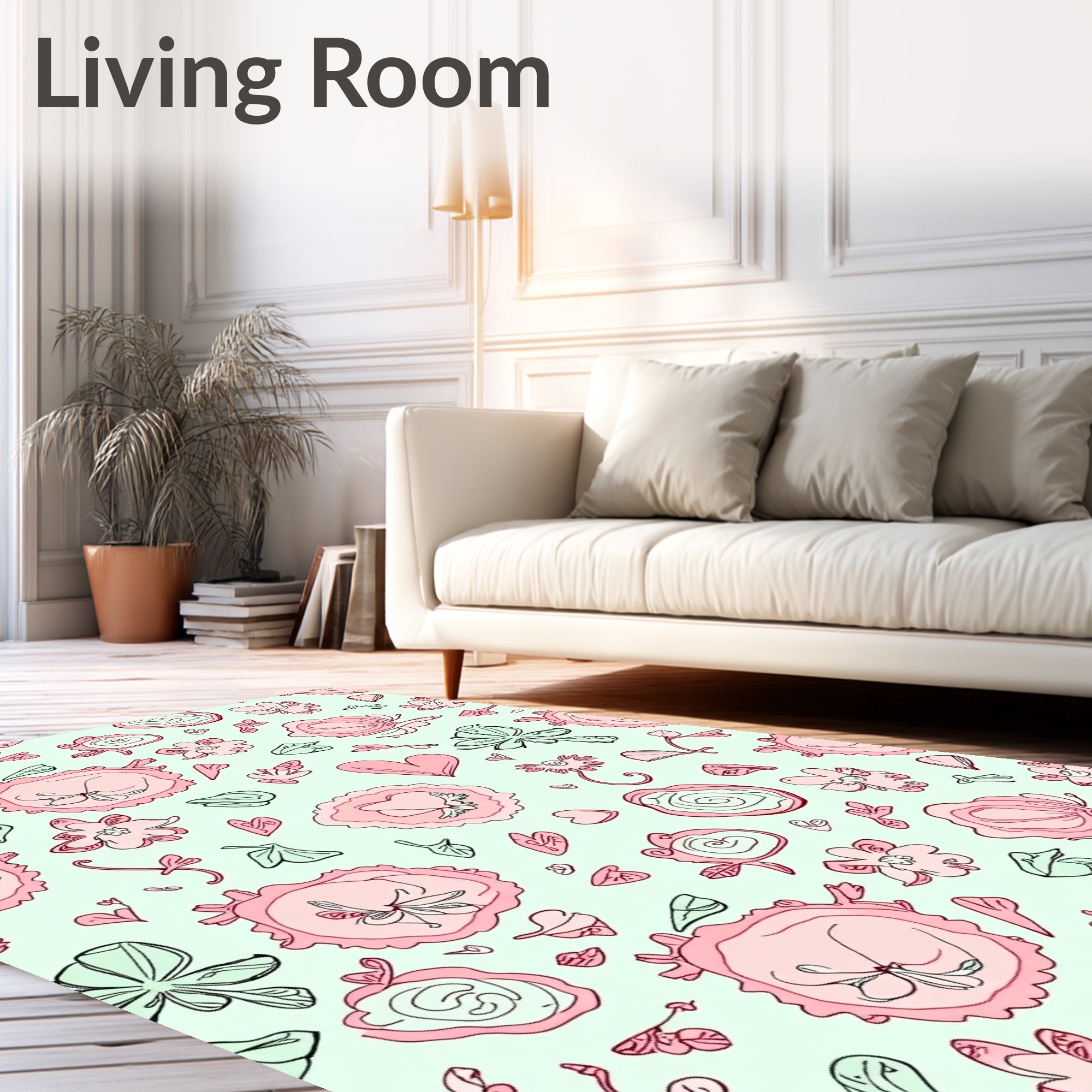 Whimsical Pink Floral Heart Garden Rug