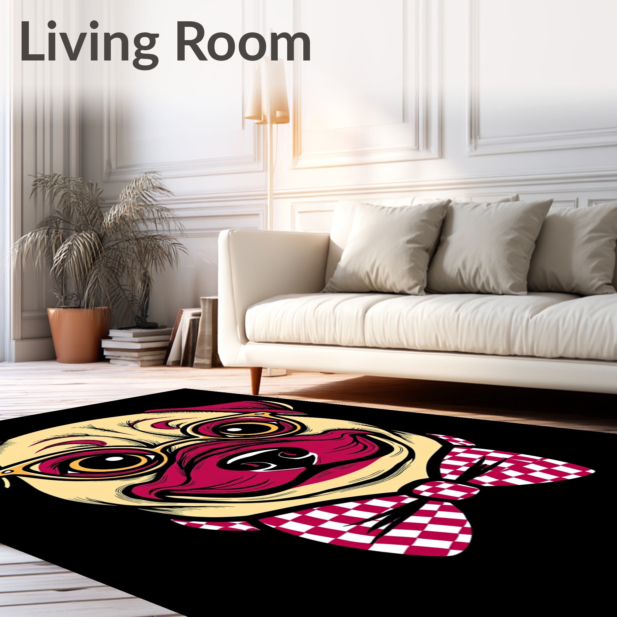 Dapper Pug Gold Glasses Crimson Bowtie Rug