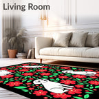 Black Red Floral White Dog Arrangement Rug