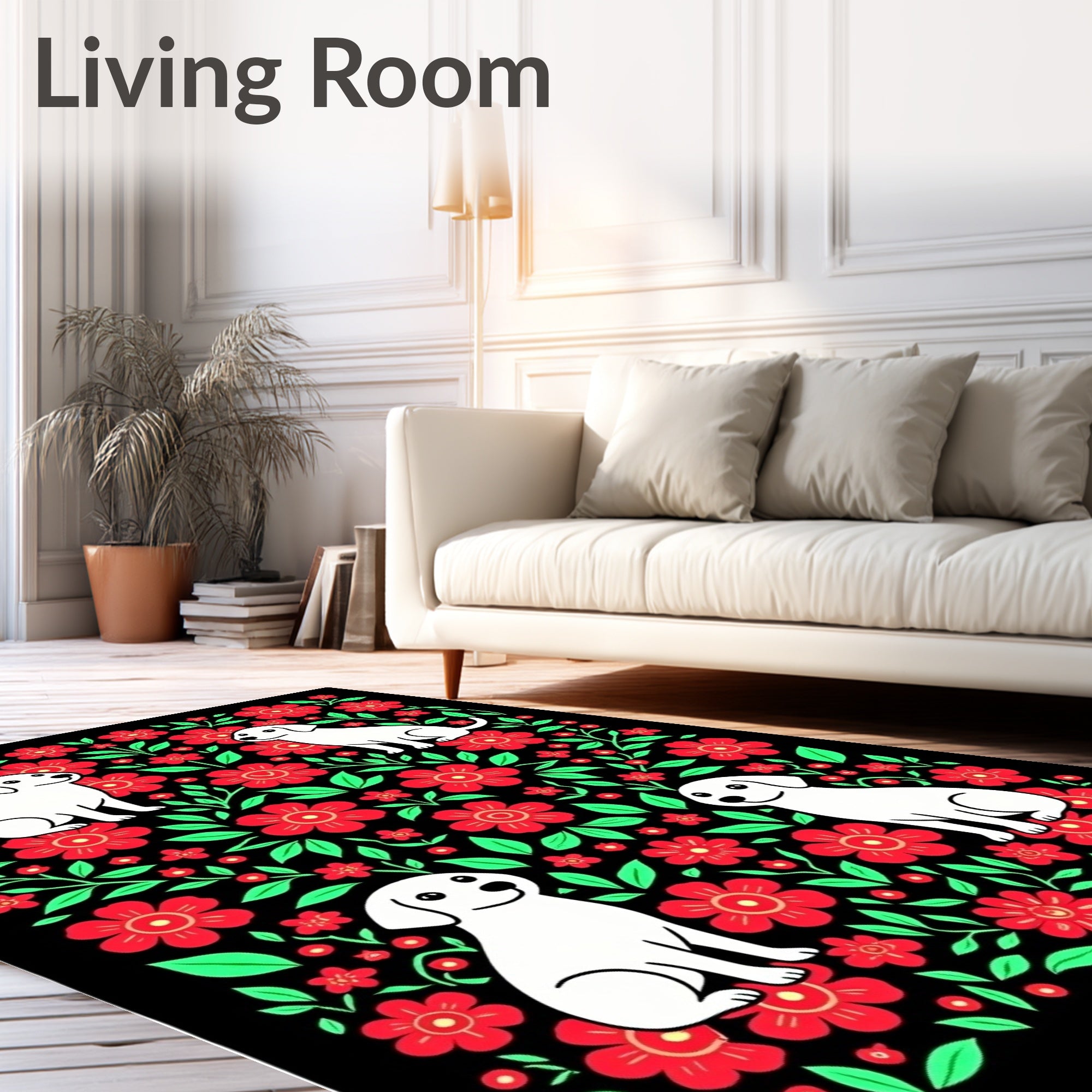 Black Red Floral White Dog Arrangement Rug