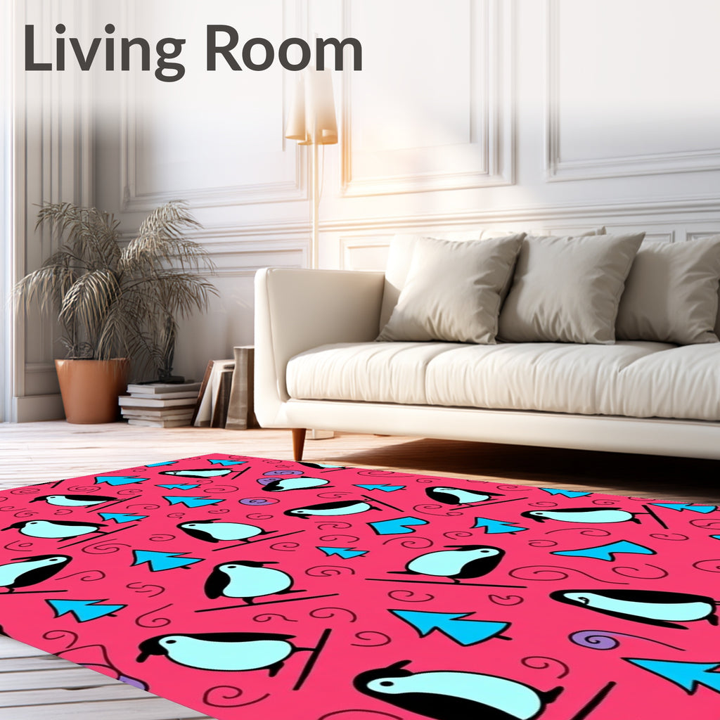 Whimsical Pink Penguin Ski Resort Rug