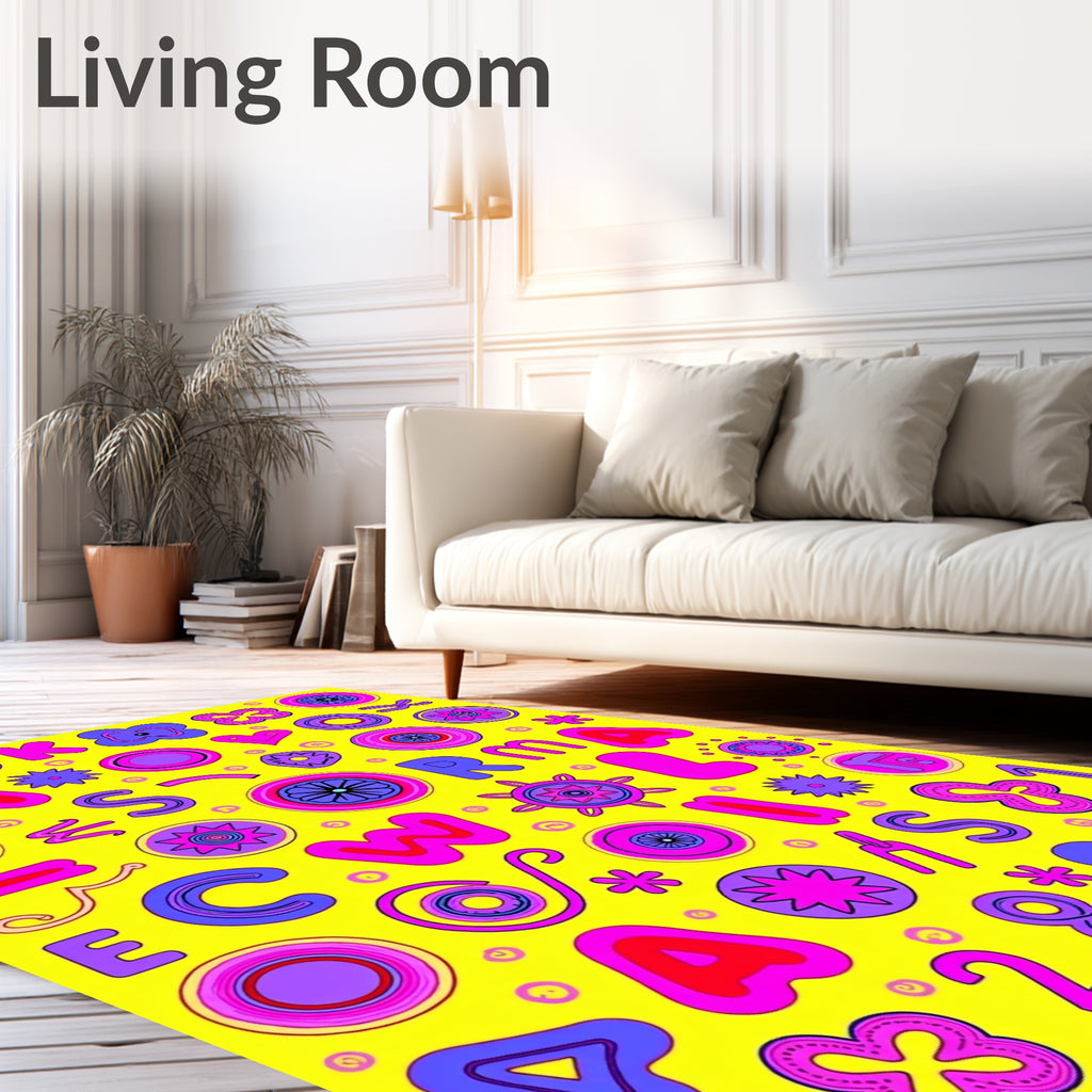 Vibrant Yellow Alphabet Flower Burst Rug