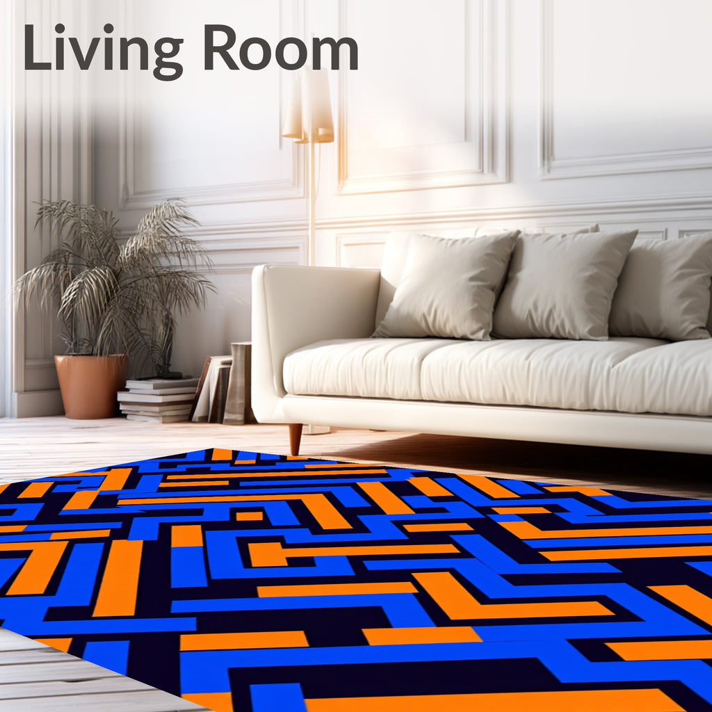 Bold Orange Blue Geometric Maze Rug