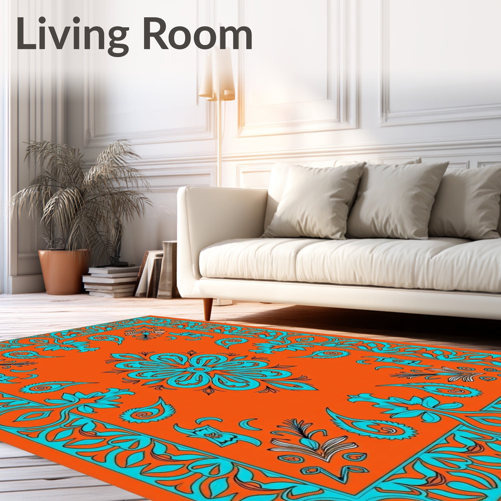 Orange Turquoise Floral Medallion Border Rug