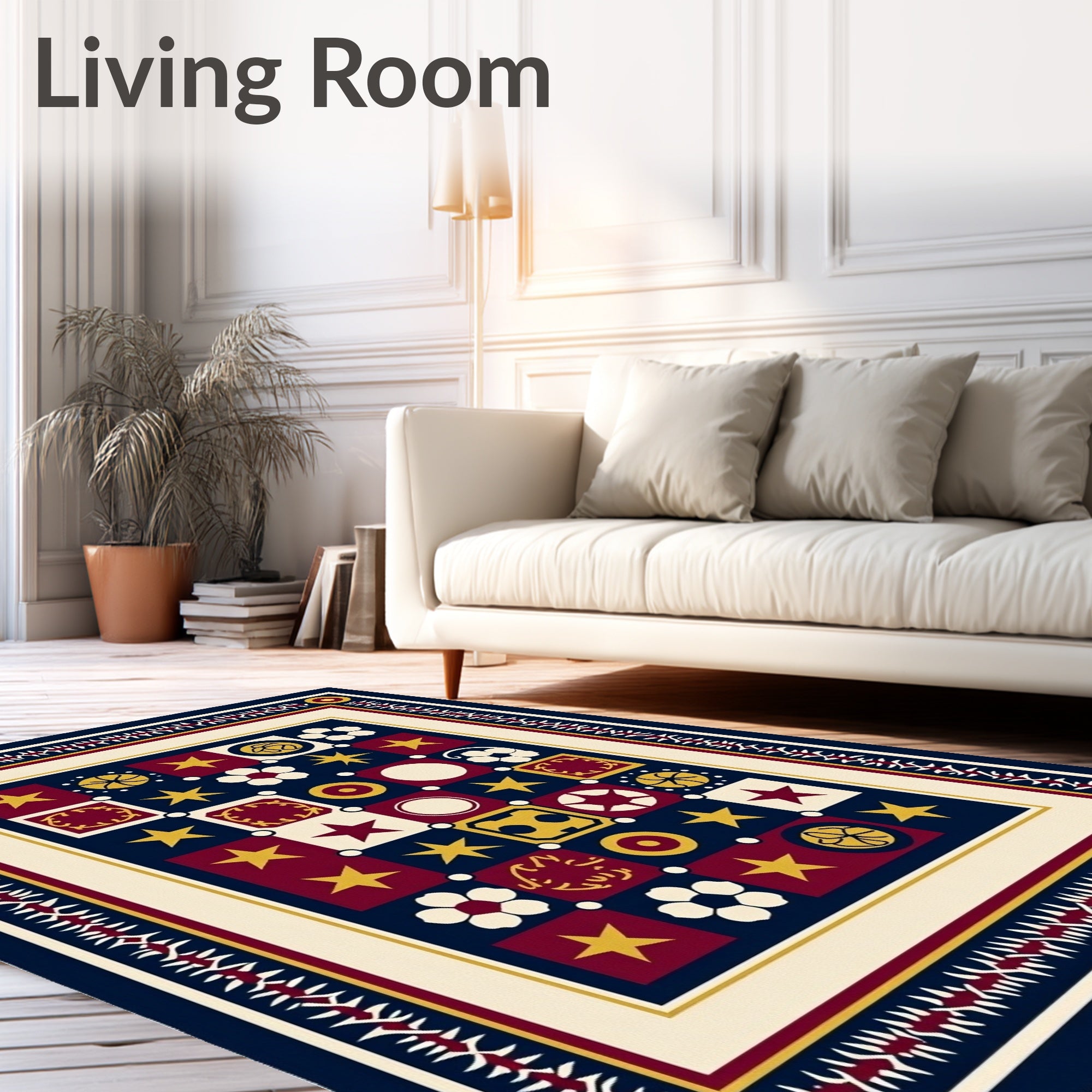 Navy Red Gold Star Flower Medallion Rug