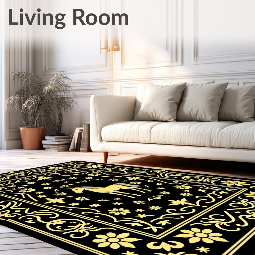 Golden Unicorn Floral Scroll Black Rug