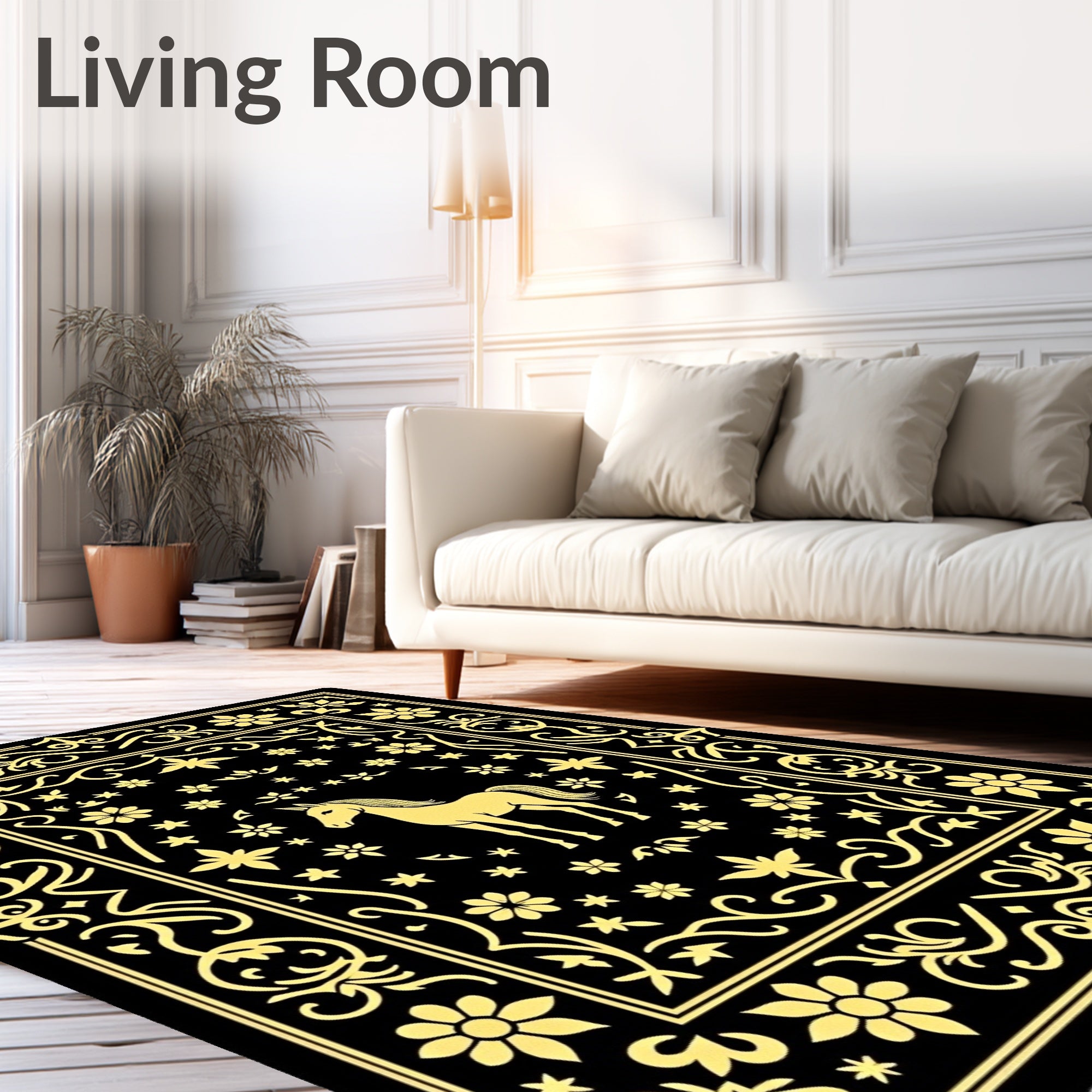 Golden Unicorn Floral Scroll Black Rug