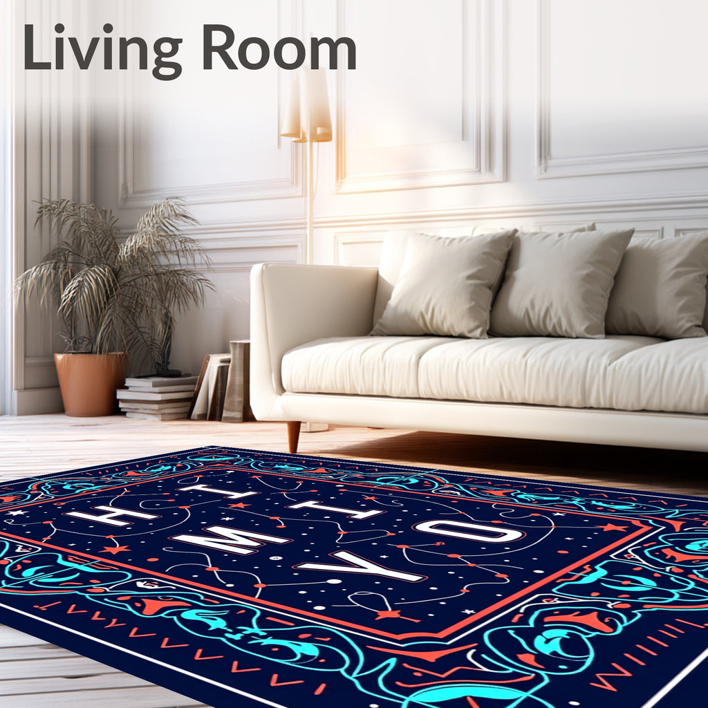 Dark Blue Cosmic Constellation Text Rug