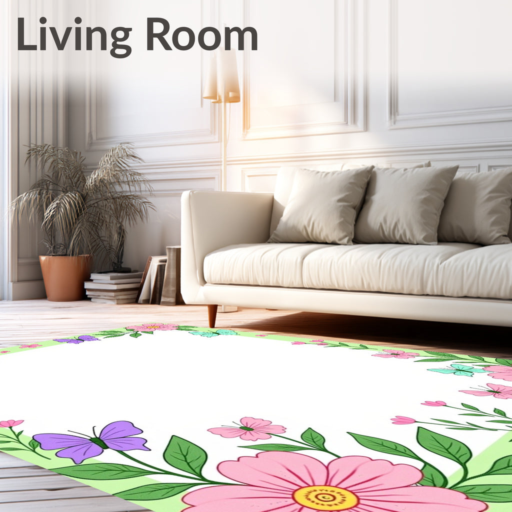 Pastel Pink Purple Butterfly Garden Border Rug