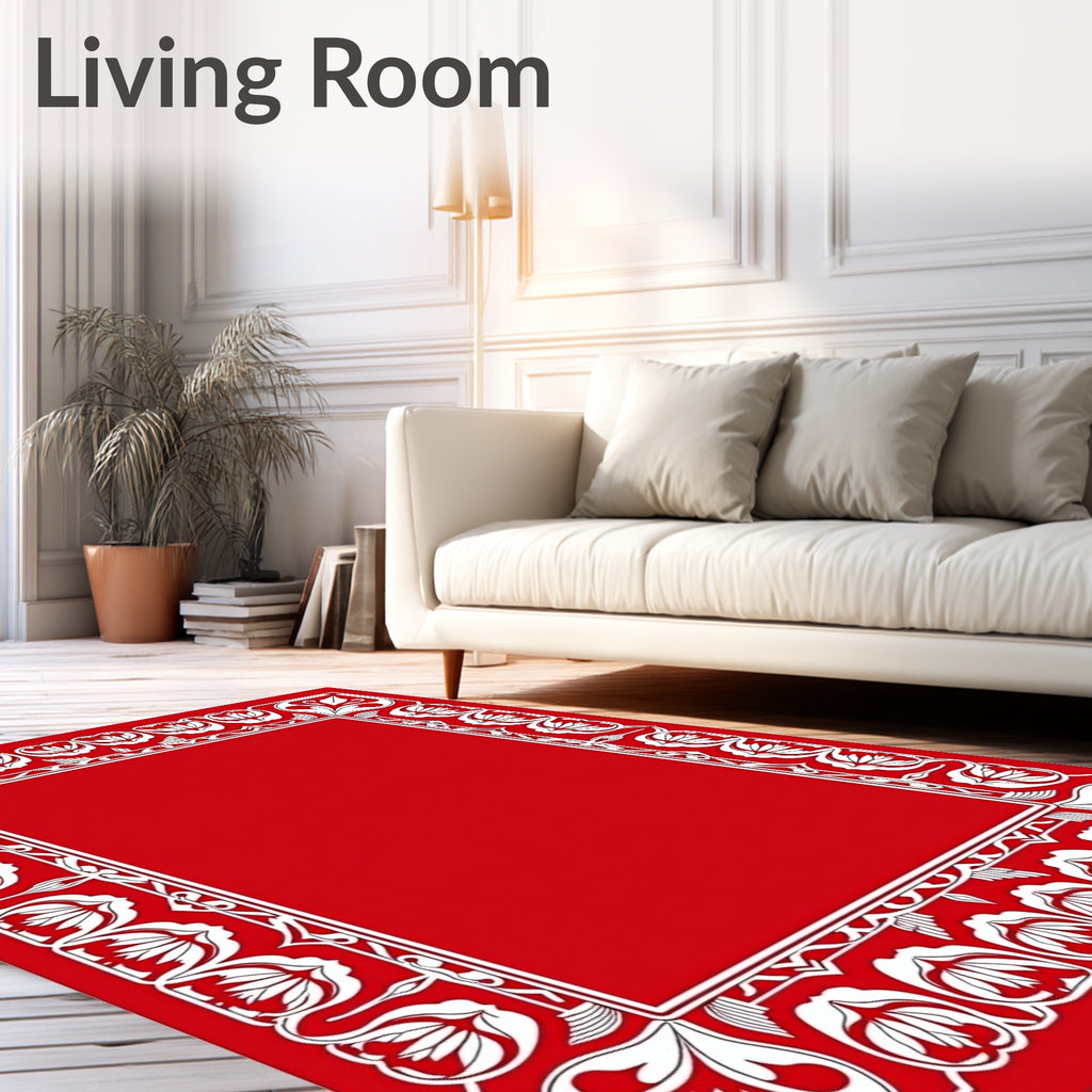Crimson White Floral Border Frame Rug