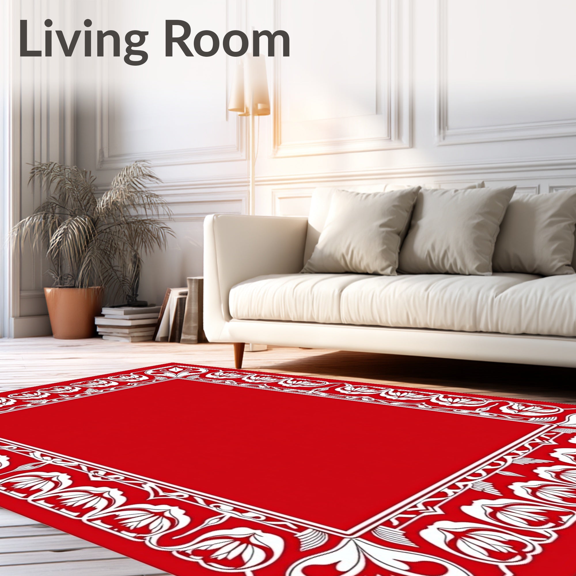 Crimson White Floral Border Frame Rug
