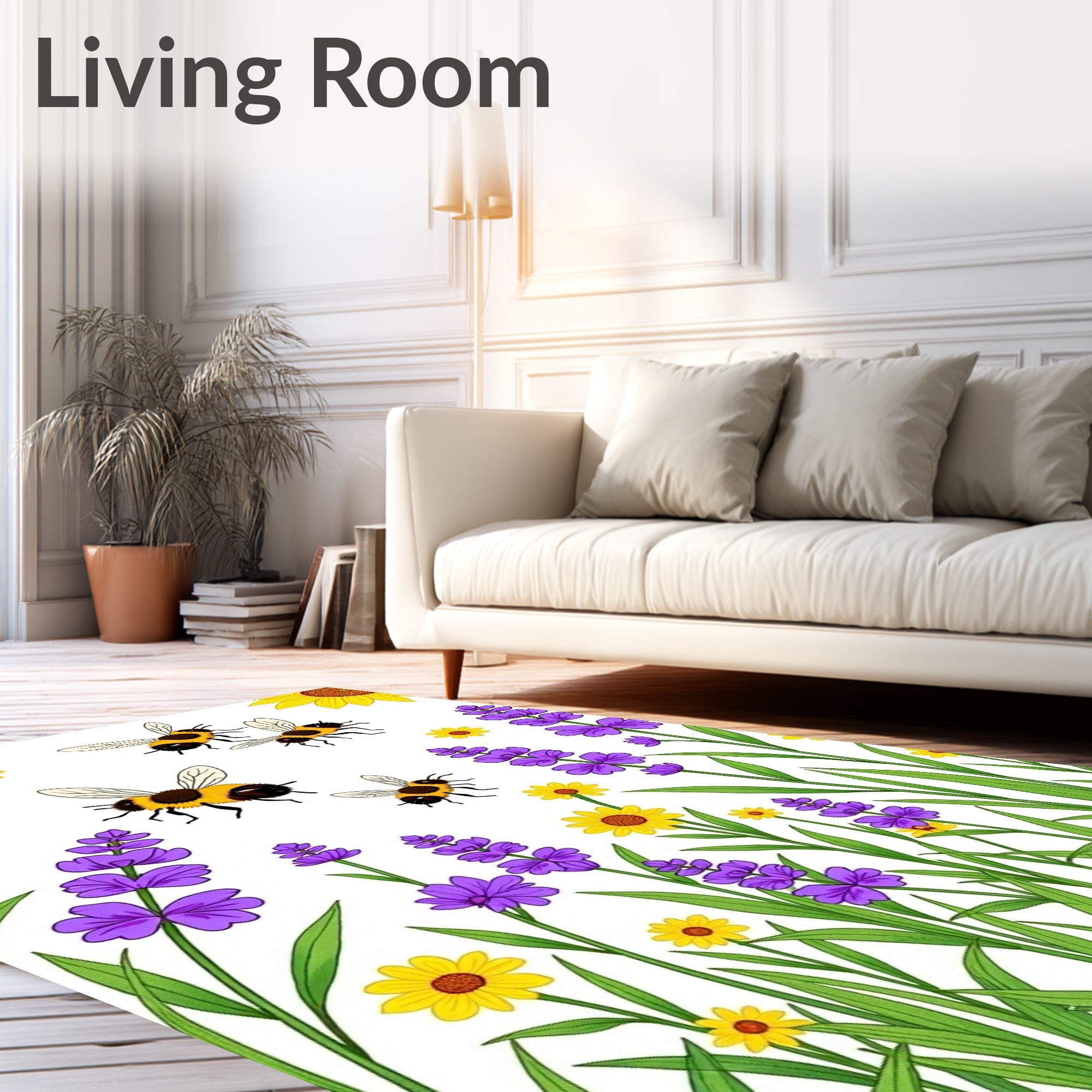 Whimsical Yellow Floral Bee Meadow Rug