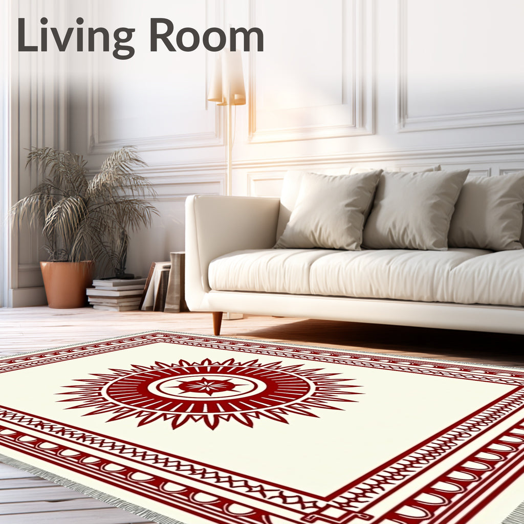 Crimson Sunburst Tribal Border Rug
