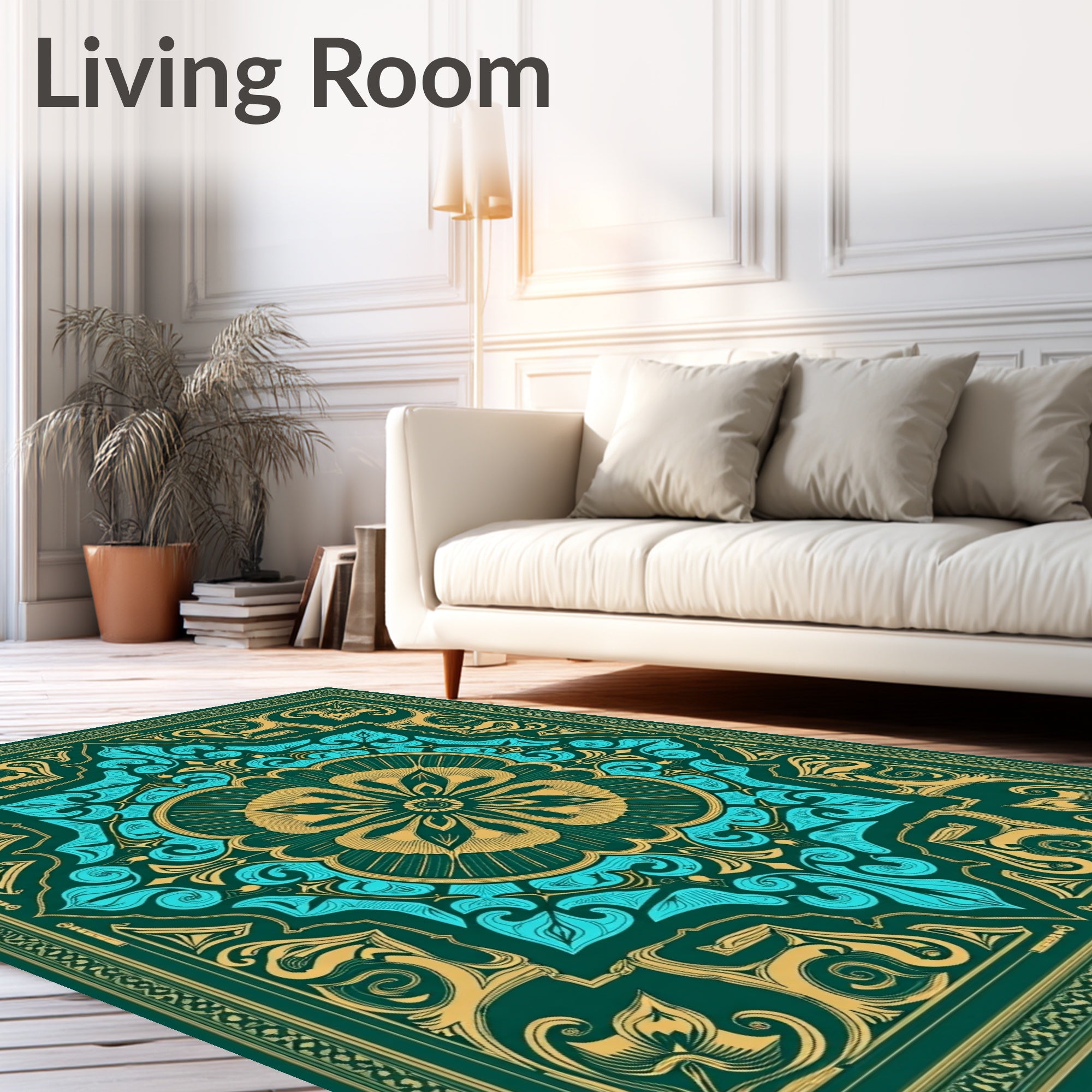 Emerald Teal Gold Floral Medallion Artwork Rug