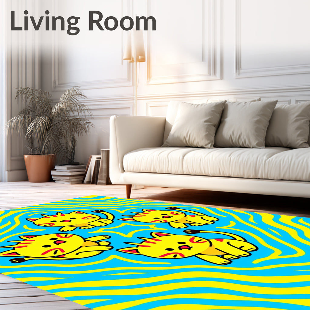 Cute Yellow Kitties Blue Swirls Rug