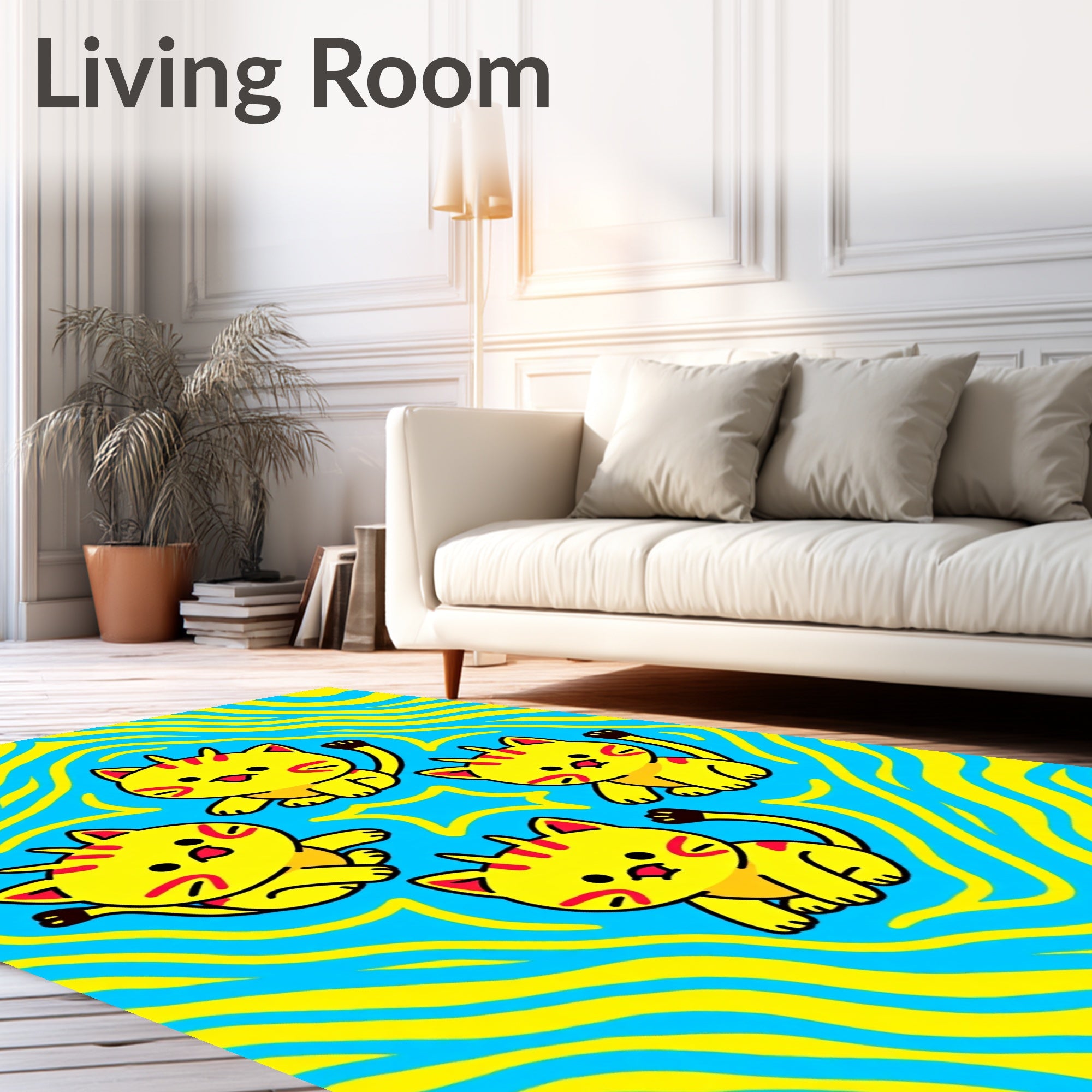 Cute Yellow Kitties Blue Swirls Rug