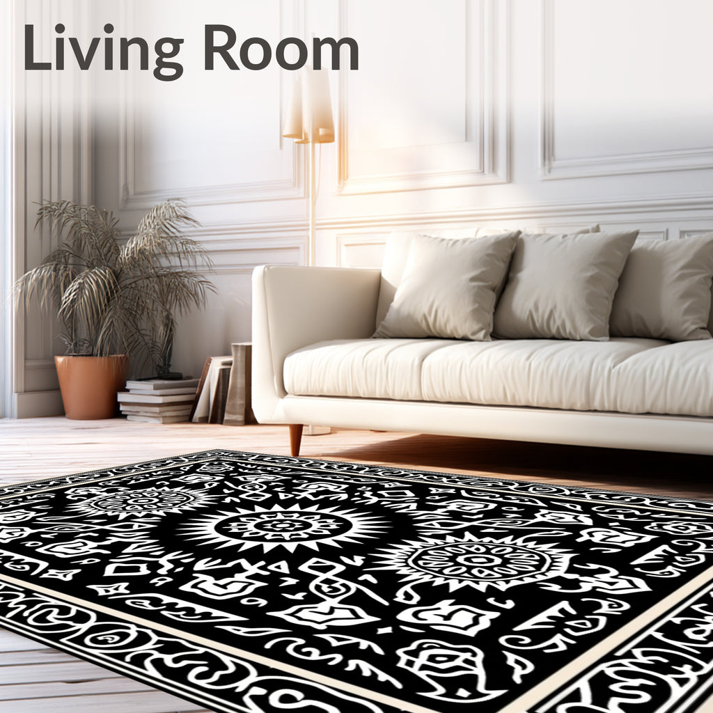 Black and White Sunburst Floral Medallion Rug