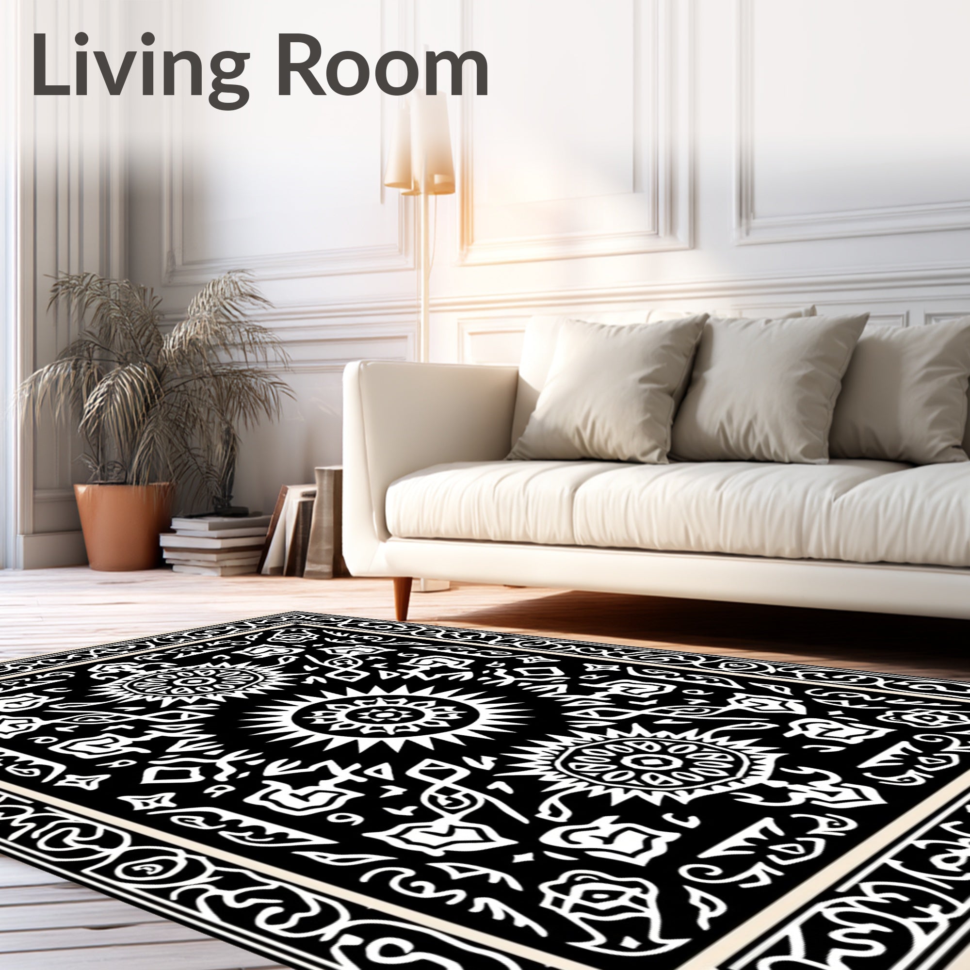 Black and White Sunburst Floral Medallion Rug