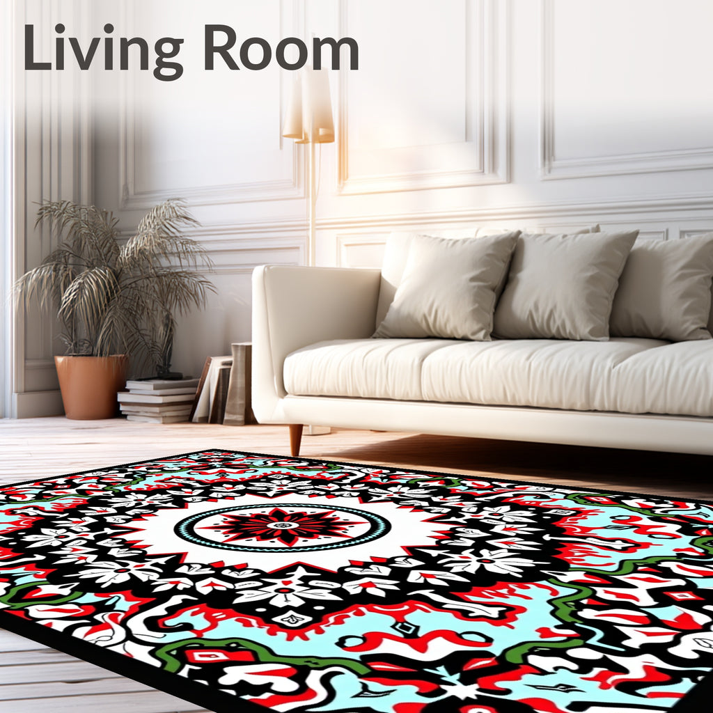Vibrant Red Black Floral Medallion Symmetry Rug