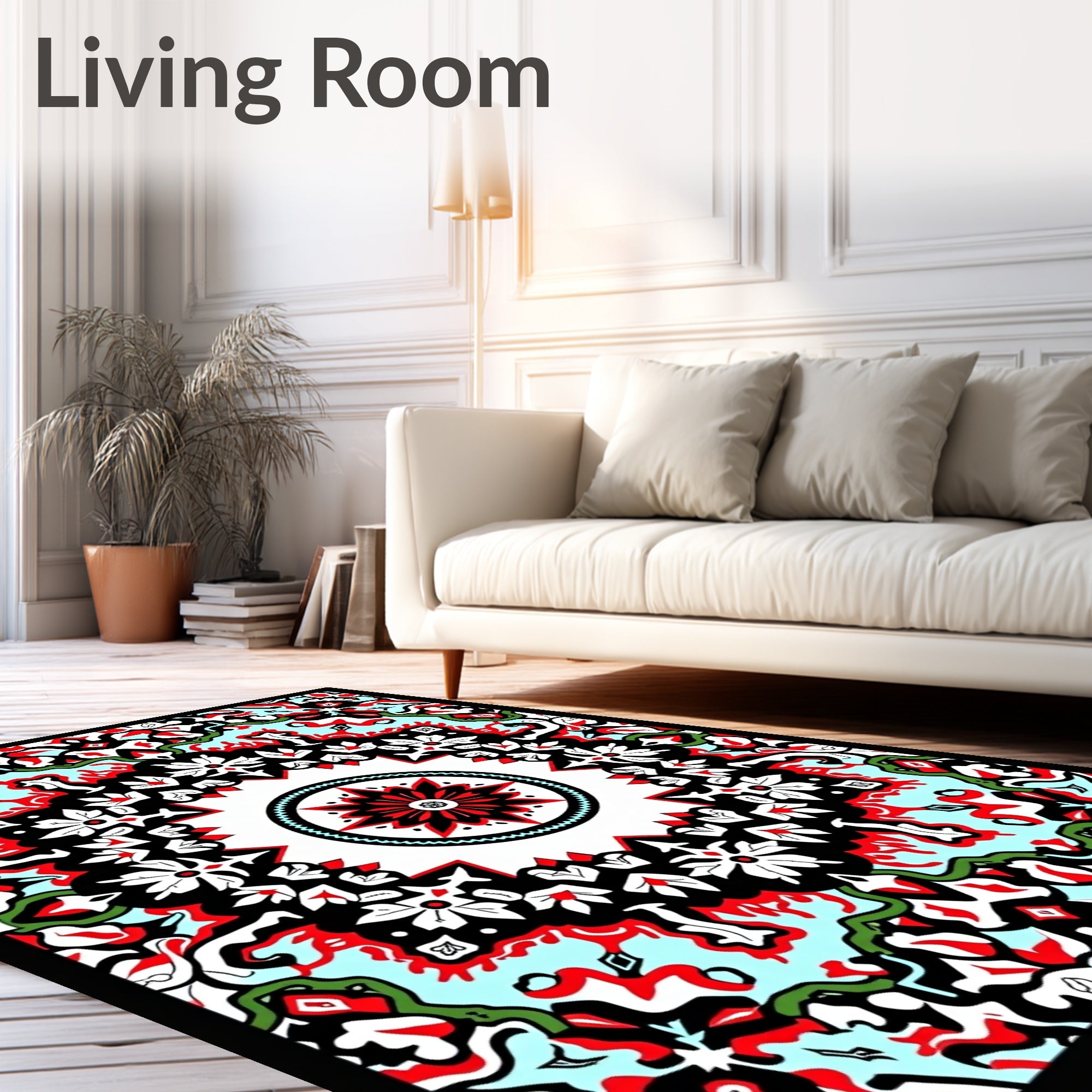 Vibrant Red Black Floral Medallion Symmetry Rug