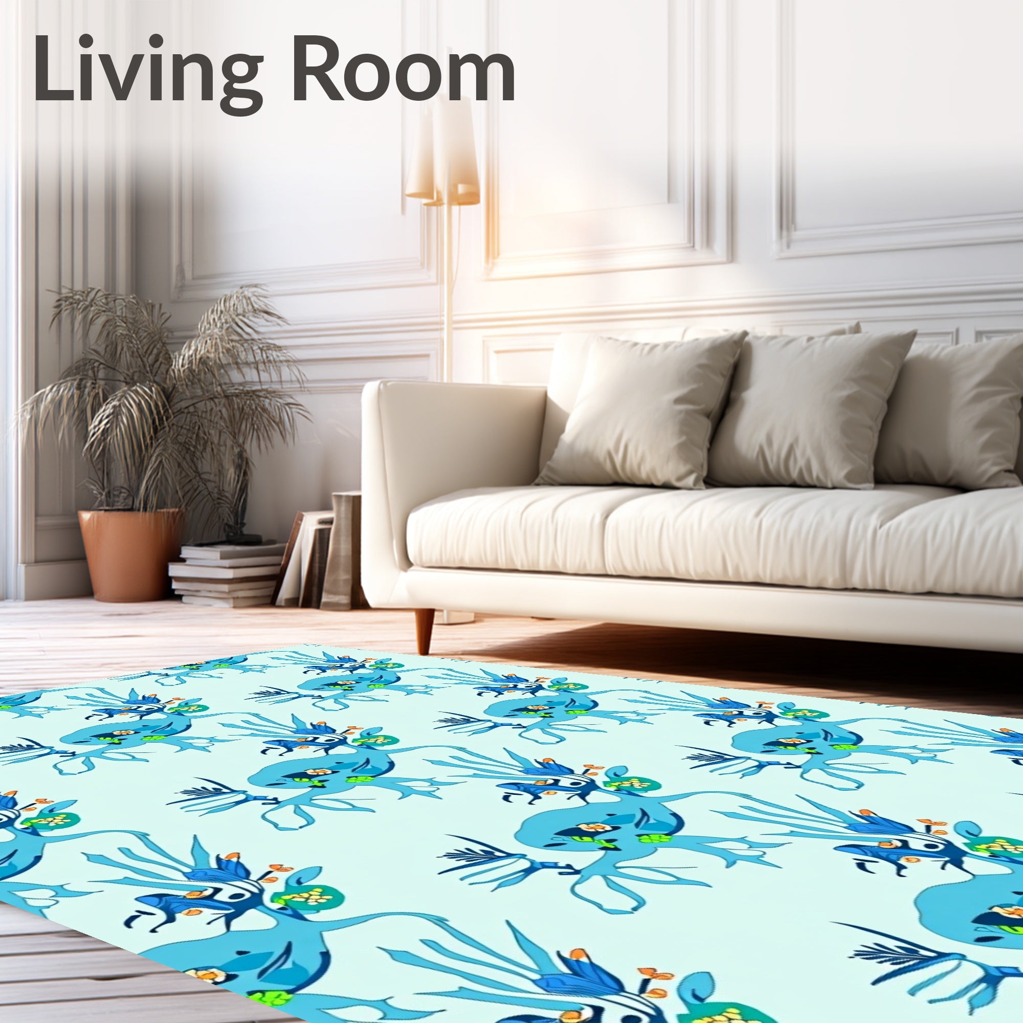 Abstract Blue Creature Floral Border Rug