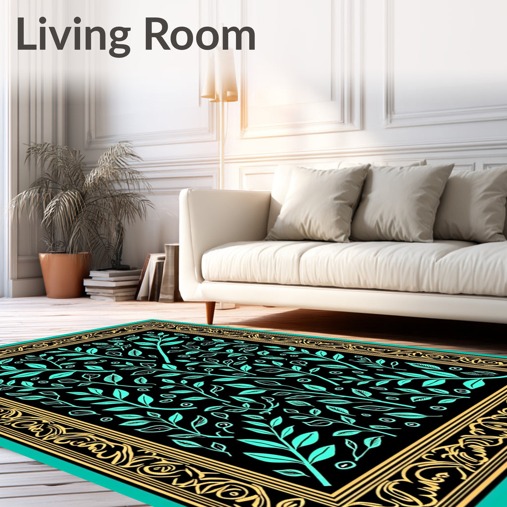 Turquoise and Gold Botanical Border Rug
