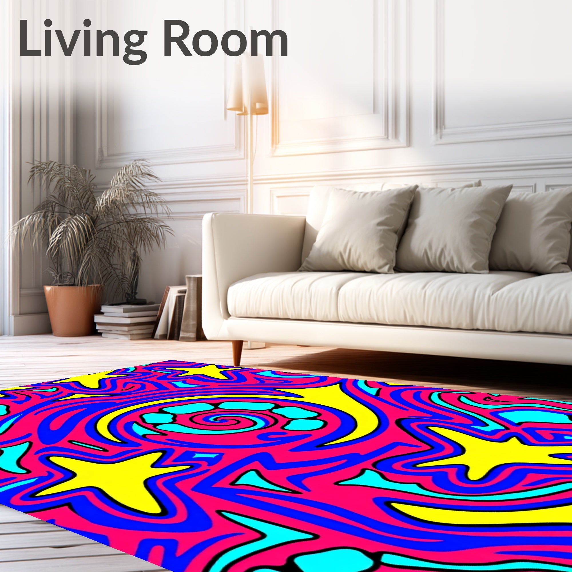 Vibrant Pink Blue Yellow Star Swirl Rug