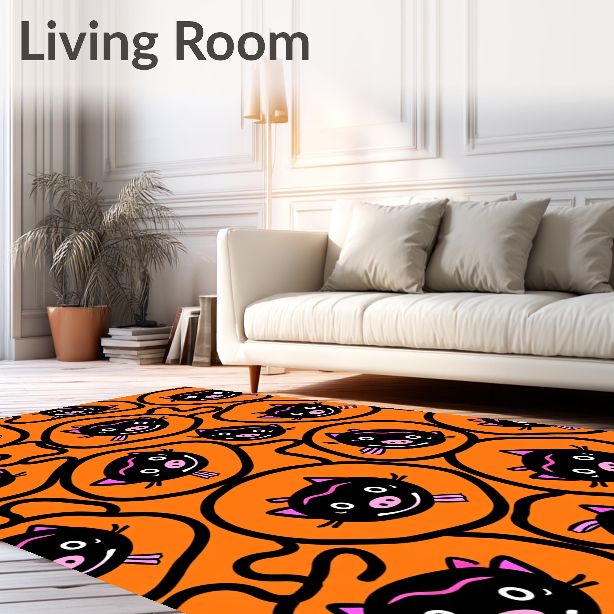 Playful Black Orange Pig Face Medallion Rug