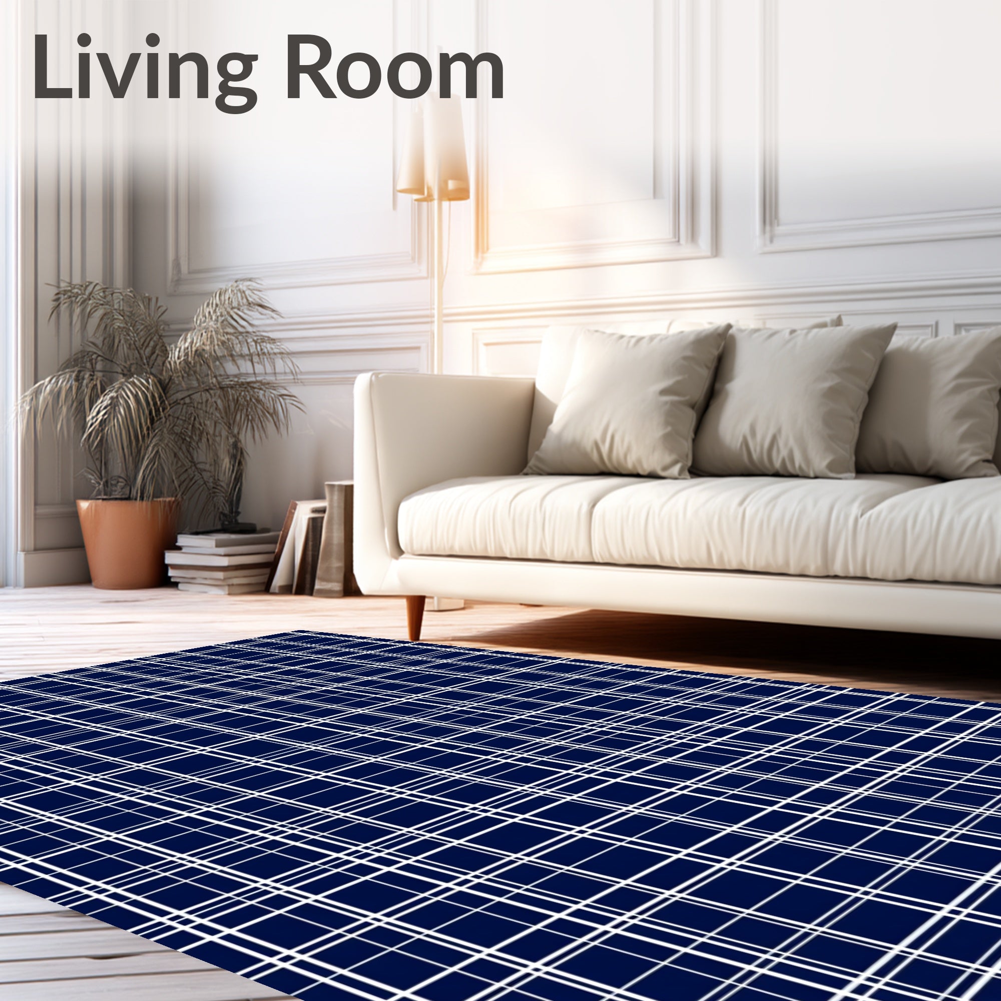Deep Blue White Plaid Lines Rug