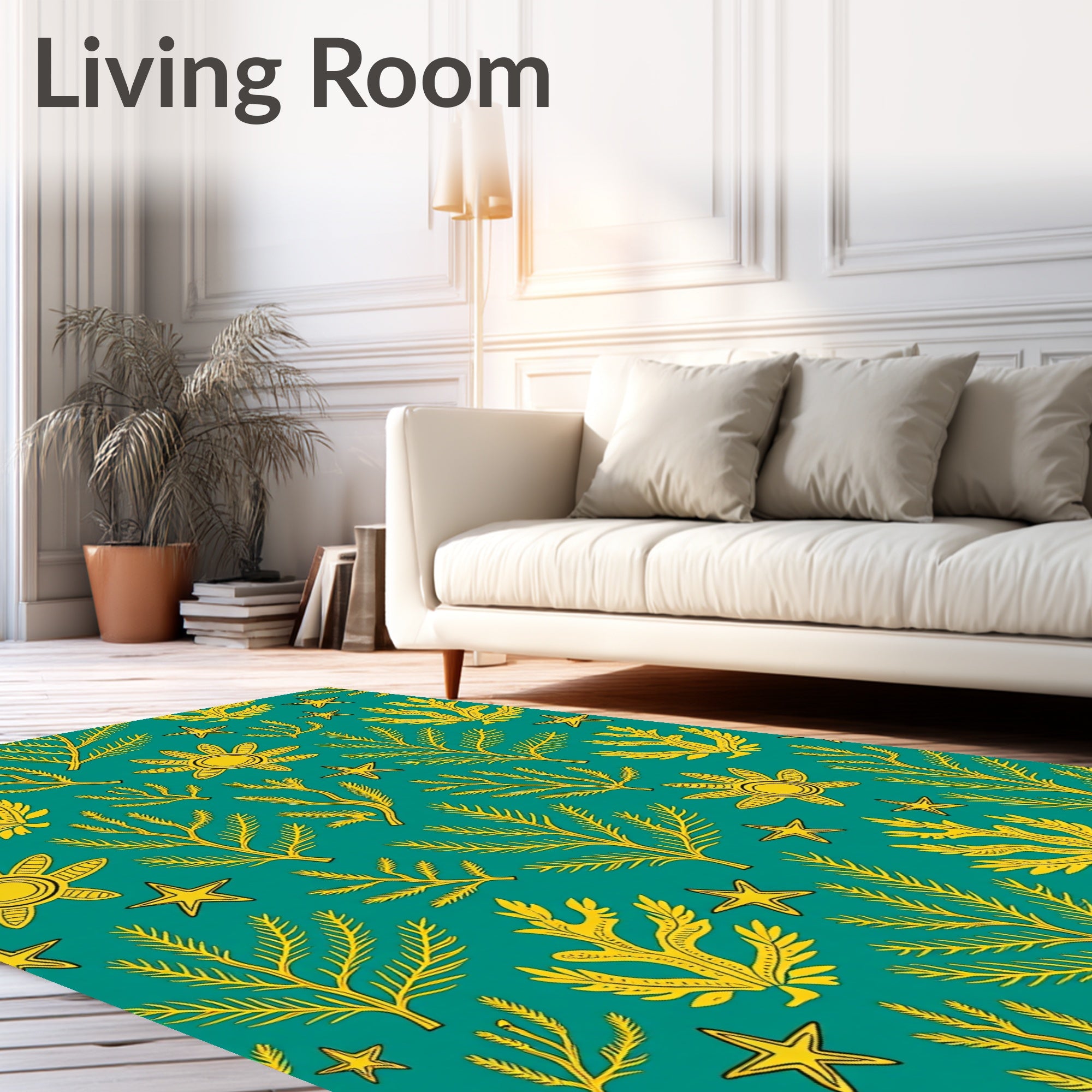 Teal Yellow Coral Starfish Illustration Rug