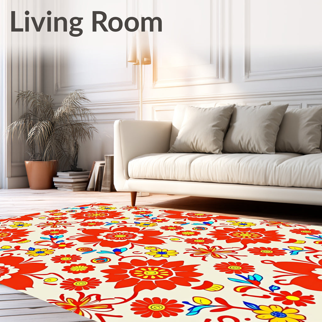 Vibrant Red Yellow Folk Floral Rug